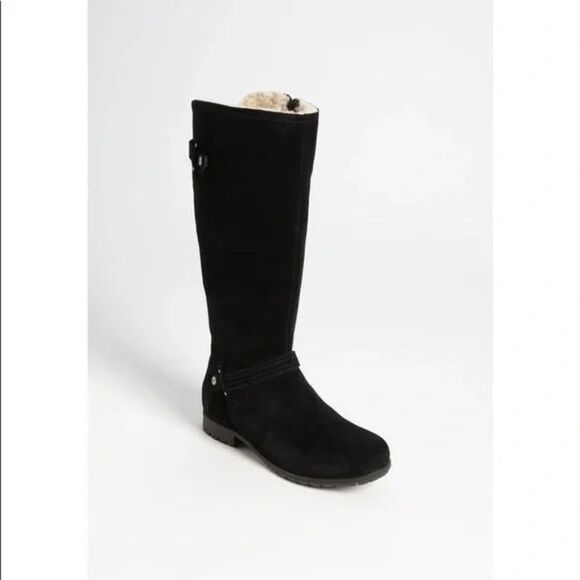 UGG Jillian Black Suede Leather Shearling Lined Riding Boots Sz 6.5 - Picture 1 of 8
